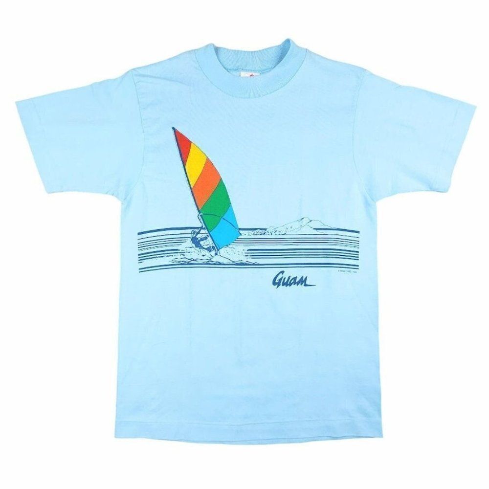 Vintage Windsurfing Guam T Shirt Mens Size Small Blue 80s Rainbow Made In USA